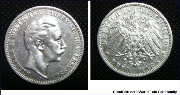 Wilhelm II - Prussia, German States 3 Mark, 1910A. 16.6670 g, 0.9000 Silver, .4823 oz. ASW, 33mm. Cleaned; near very fine