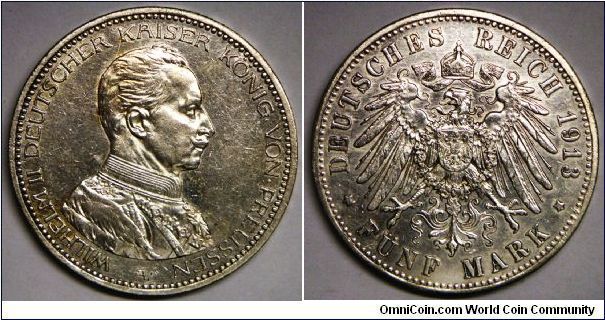 German States - Prussia, Wilhelm II, 5 Mark, 1913A. 27.7770 g, 0.9000 Silver, .8038 oz. ASW, 38mm. File marks on edge; cleane; otherwise good very fine.