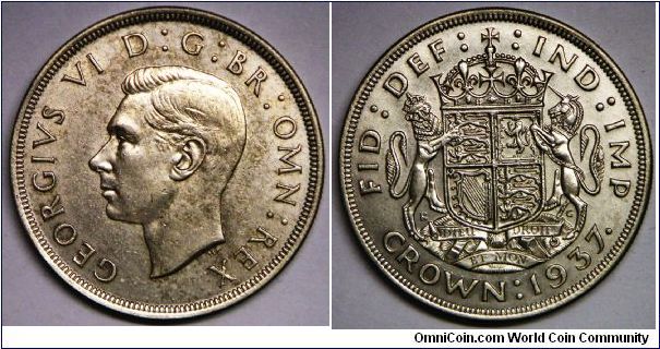 King George VI, 1937, British Crown, 0.5000 Silver, 38.5mm, Extremely fine