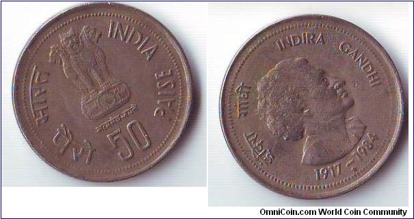 50 PAISE INDIA 1984 INDIRA GANDHI