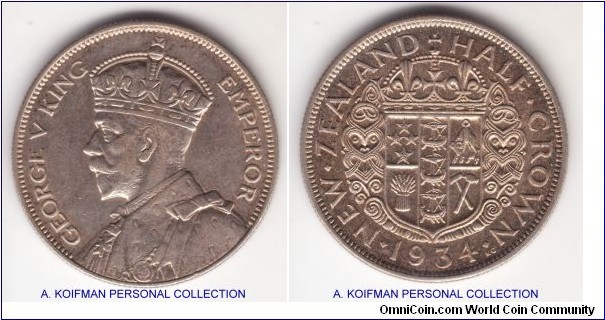 KM-5, 1934 New Zealand half crown; silver, reeded edge; extra fine or so, nicely toned.