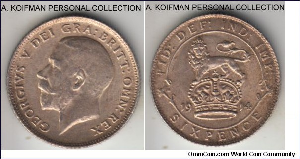 KM-815, 1914 Great Britain 6 pence; silver, reeded edge; uncirculated or almost, pleasantly toned.