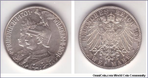 KM-525, 1901 Prussia 2 marks; berlin (A) mint; nice uncirculated specimen minted to commemorate 200 years of the Kingdom of Prussia
