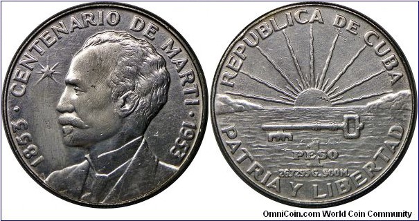 Cuba, First Republic (1902 - 1962), One Peso, Subject: Centennial of Jose Marti, 1953. 26.7295 g, 0.9000 Silver, .7735 Oz. ASW., Mintage: 1,000,000 units. Cleaned, rim filling mark, otherwise good very fine