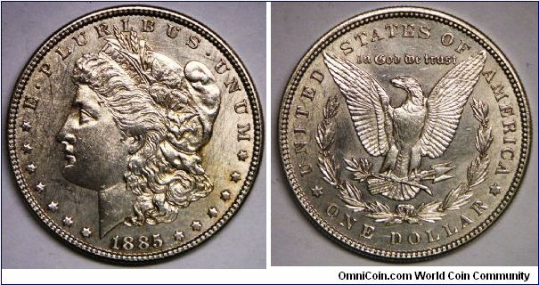 United States, Morgan Dollar (One Dollar), 1885. 26.7300 g, 0.9000 Silver, .7736 Oz. ASW., 38.1mm. EF.