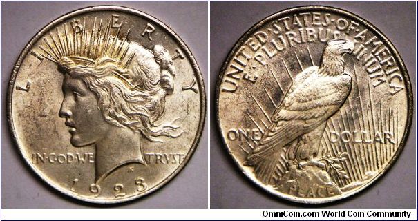 United States, Peace Dollar (One Dollar), 1923, 26.7300 g, 0.9000 Silver, .7736 Oz. ASW., 38.1mm. Mintage: 30,800,000 units. AU.