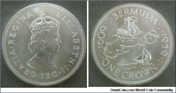 Queen Elizabeth II, Bermuda One Crown, 1959. 28.2800 g, 0.9250 Silver, .8411 Oz. ASW, 38mm. Subject: 350th Anniversary - Colony Founding. Mintage: 100,000 units.