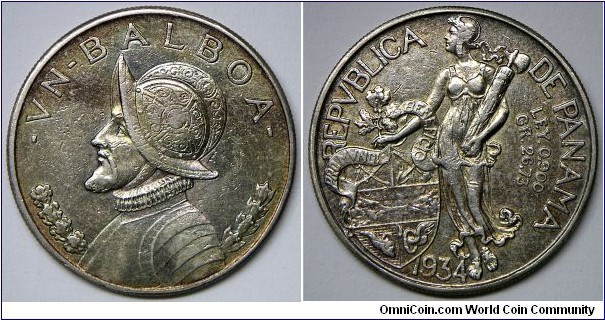 Republic of Panama, One Balboa, 1934. 26.73g, 0.9000 Silver, .7735 Oz. ASW., 38.1mm. Mintage: 225,000 units.