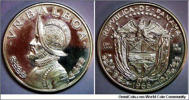 Republic of Panama, One Balboa, 1966. 26.7300 g, 0.9000 Silver, .7735 Oz. ASW., 38.1mm. Mintage: 13,000 units. PROOF.