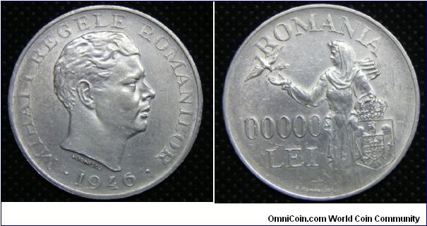 Kingdom of Mihai I, 100,000 Lei, 1946. 25.0000g, 0.7000 Silver, .5626 Oz. ASW. Mintage: 2,002,000 units. XF.