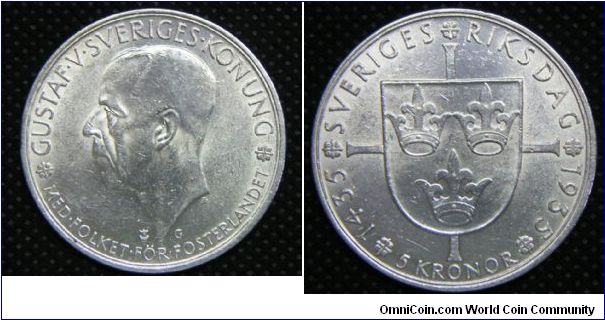 Gustaf V, 5 Kronor, 1935G. Subject: 500th Anniversary of Riksdag. 25.0000g, 0.9000 Silver, .7234 Oz. ASW, 36mm. Mintage: 663,819 units. UNC.
