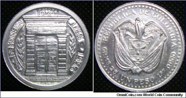 Republic of Colombia, One Peso, 1956. Subject: 200th Anniversary of Popayan Mint. 25.0000 g, 0.9000 Silver, .7234 Oz. ASW., 37mm. Mintage: 12,000 units. UNC.