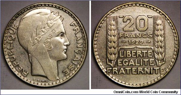 Republic of France, 20 Francs, 1929. 20.0000 g, 0.6800 Silver, .4372 Oz. ASW., Mintage: 3,234,000 units. VF+.