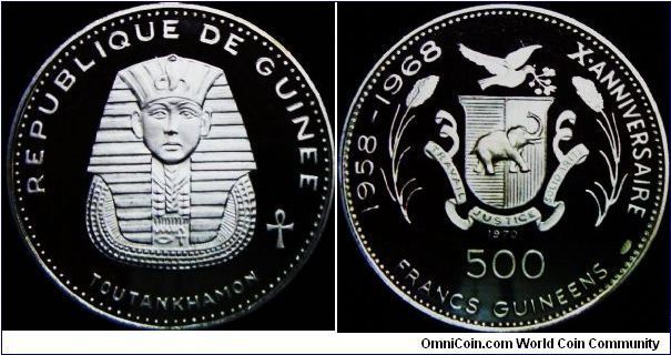 Guinea, 500 Francs, 1970. Subject: 10th Anniversary of Independence. 29.0800 g, 0.9990 Silver, .9349 Oz. ASW., Mintage: 4,280 units. PROOF. Scarce.