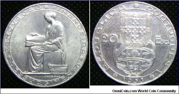 Republic - Portugal, 20 Escudos, 1953. Subject: 25th Anniversary of Financial Reform. 21.0000 g, 0.8000 Silver, .5401 Oz. ASW., 34mm. Mintage: 1,000,000 units. BU.