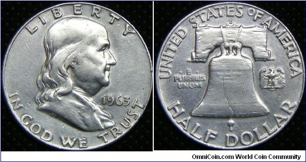 United States, Franklin Half Dollar, 1963D. 12.5000g, 0.9000 Silver, .3618 Oz. ASW., 30.6mm. Mintage: 67,069,292 units. XF.