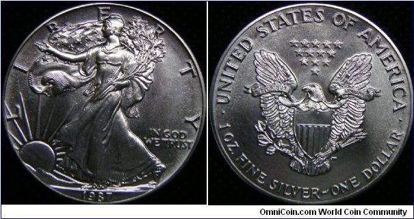 United States, American Eagle Bullions Silver Dollar, 1987. 31.101 g,  0.9993 Silver, 1.0000 Oz. ASW. Mintage: 11,442,335 units. UNC.