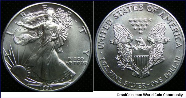 United States, American Eagle Bullions Silver Dollar, 1990. 31.101 g, 0.9993 Silver, 1.0000 Oz. ASW. Mintage: 5,840,210 units. UNC.