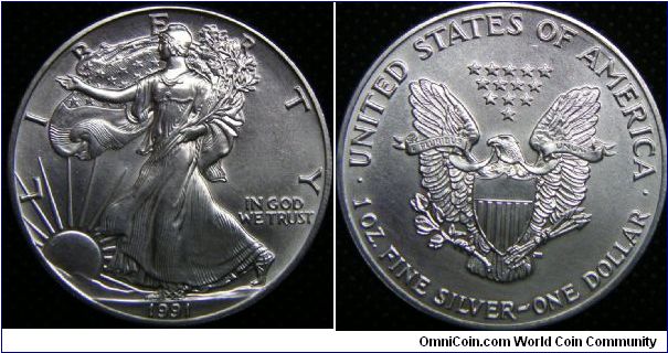 United States, American Eagle Bullions Silver Dollar, 1991. 31.101 g, 0.9993 Silver, 1.0000 Oz. ASW. Mintage: 7,191,066 units. UNC.