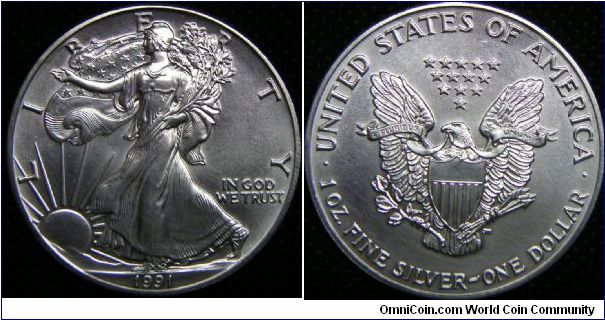 United States, American Eagle Bullions Silver Dollar, 1991. 31.101 g, 0.9993 Silver, 1.0000 Oz. ASW. Mintage: 7,191,066 units. UNC.