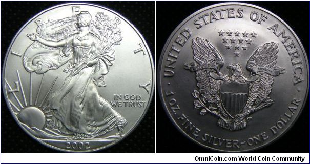 United States, American Eagle Bullions Silver Dollar, 2002. 31.101 g, 0.9993 Silver, 1.0000 Oz. ASW. UNC.