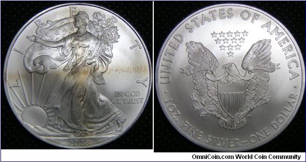 United States, American Eagle Bullions Silver Dollar, 2008. 31.101 g, 0.9993 Silver, 1.0000 Oz. ASW. UNC.