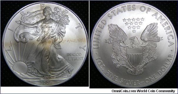 United States, American Eagle Bullions Silver Dollar, 2008. 31.101 g, 0.9993 Silver, 1.0000 Oz. ASW. UNC.