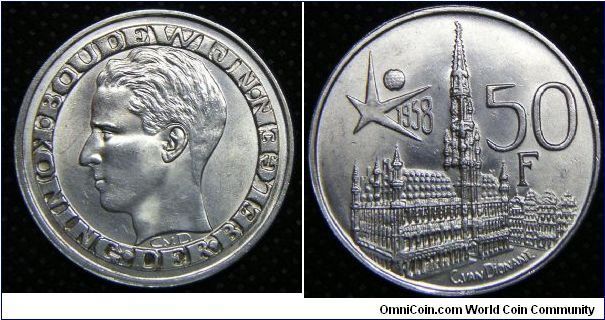 Belgium, Head of Baudouin, 50 Francs (50 Frank), 1958. 12.5000 g, 0.8350 Silver, .3356 Oz. ASW., 29mm. Mintage: 476,000 units. UNC.