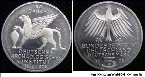 Federal Republic - West Germany, 5 Mark, 1979J. Subject: 150th Anniversary - German Archaeological Institute. 5.3000 g, 0.6250 Silver, .2250 Oz. ASW., 29mm. Mintage: 250,000 units. PROOF.
