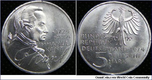 Federal Republic - West Germany, 5 Mark, 1974D. Subject: 250th Anniversary - Birth of Immanuel Kant, Philosopher. 11.2000 g, 0.6250 Silver, .2250 Oz. ASW., 29mm. Mintage: 800,000 units. BU.