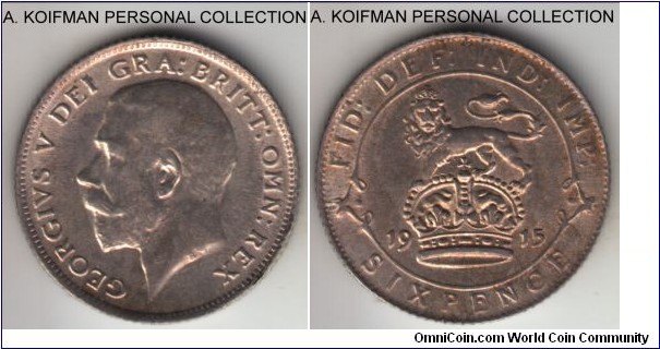 KM-815, 1915 Great Britain 6 pence; silver, reeded edge;  both sides are a bit weakly struck, some toning and luster, mostly on reverse, appear to be uncirculated.