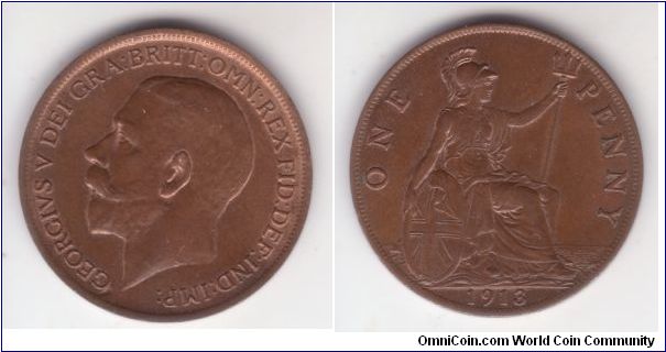 KM-810, 1913 Great Britain penny; it is good very fine to about extra fine.