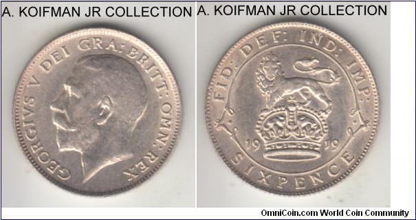 KM-815, 1919 Great Britain 6 pence; silver, reeded edge; George V, almost uncirculated, just  a very brief touch of wear on the cheek and lion's muzzle.