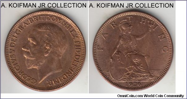 KM-825, 1926 Great Britain farthing; bronze, plain edge; George V, last type, mostly red uncirculated.