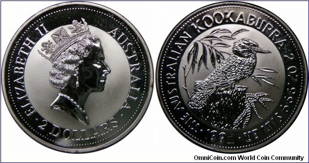 Queen Elizabeth II, Australian Kookaburra Silver Bullion, 2 Dollars, 1992. 62.2070 g, 0.9990 Silver, 2.0000 Oz. ASW., Mintage: 5,000 units. BU.