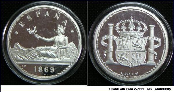 Spain , 0.9990 Silver, 2.0000 Oz. ASW., 1869 Restrike. PROOF.