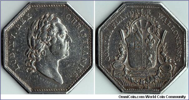 Scarcer octagonal silver jeton issued under the name of Louis XV of France for Flanders and Wallonia in 1773.