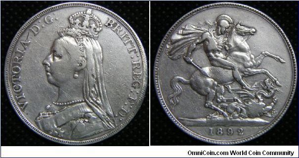 Queen Victoria, 1892, British Crown. Edge filled. About VF Detail.