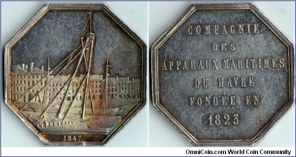 Nicely toned silver jeton of the Compagnie Apparaux Maritimes Du Havre (ships chandlers)dated 1847