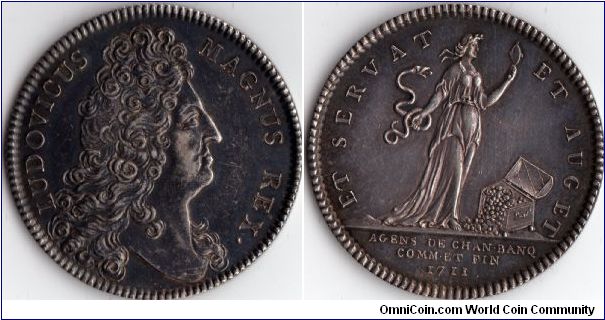 Dark toned silver jeton of the Agens de Change, Banking and Finance dated 1711 and under the reign of Louis XIV of France