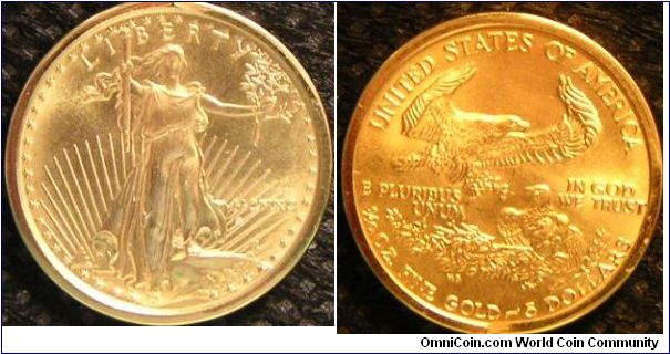 United States, American Eagle Bullion Coin, 5 Dollars, 1990.  3.3930g, 0.9167 Gold, .1 Oz. AGW. 16.5mm. Mintage: 210,210 units. UNC.