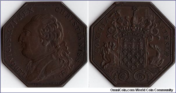 Higher grade copper jeton issued circa 1790 for Artois. Louis XVI older bust/ arms of Artois.
