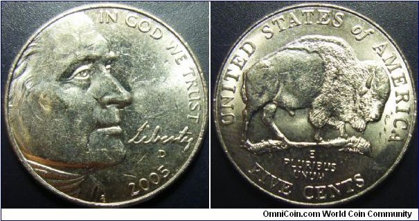 US 2005 5 cents, featuring bison. Mintmark D. Special thanks to slowly by slowly.