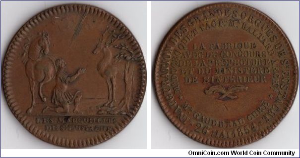 Copper jeton issued for the Marguillers de St Eustache (church wardens) and commemorating the inauguration of the Grand Organ in 1854.