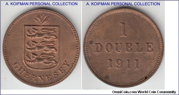 KM-11, 1911 Guernsey double, Heaton mint (H mintmark); bronze, plain edge; red-brown uncirculated, couple of spots, mintage 90,000.
