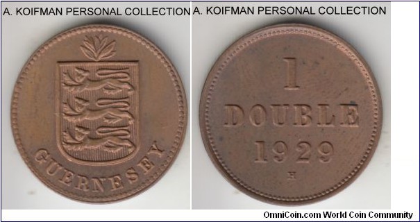 KM-11, 1929 Guernsey double, Heaton mint (H mint mark); bronze, plain edge; limited mintage of 79,000, mostly brown uncirculated.