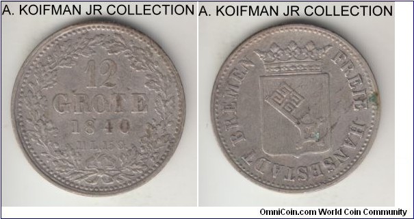 KM-232, 1840 German State Free City of Bremen 12 grote (1/6 thaler); silver, indented edge; almost very fine.