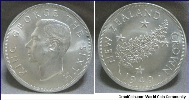 King George VI, New Zealand One Crown, 1949, 28.2800 g, 0.5000 Silver, .4546 Oz. ASW., 38.8mm, Mintage: 200,000 units. UNC.