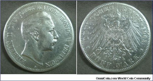 Wilhelm II - Prussia, German States 5 Mark, 1903A. 27.7770 g, 0.9000 Silver, .8038 oz. ASW, 38mm. XF.