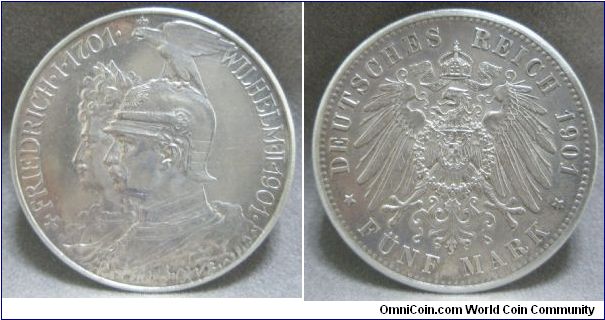 German States 5 Mark, 1901A - Kingdom of Prussia 200 Years. Obverse: Friedrich I (Right), Wilhelm II (Left). 27.7770 g, 0.9000 Silver, .8038 oz. ASW, 38mm. Unc. grade.